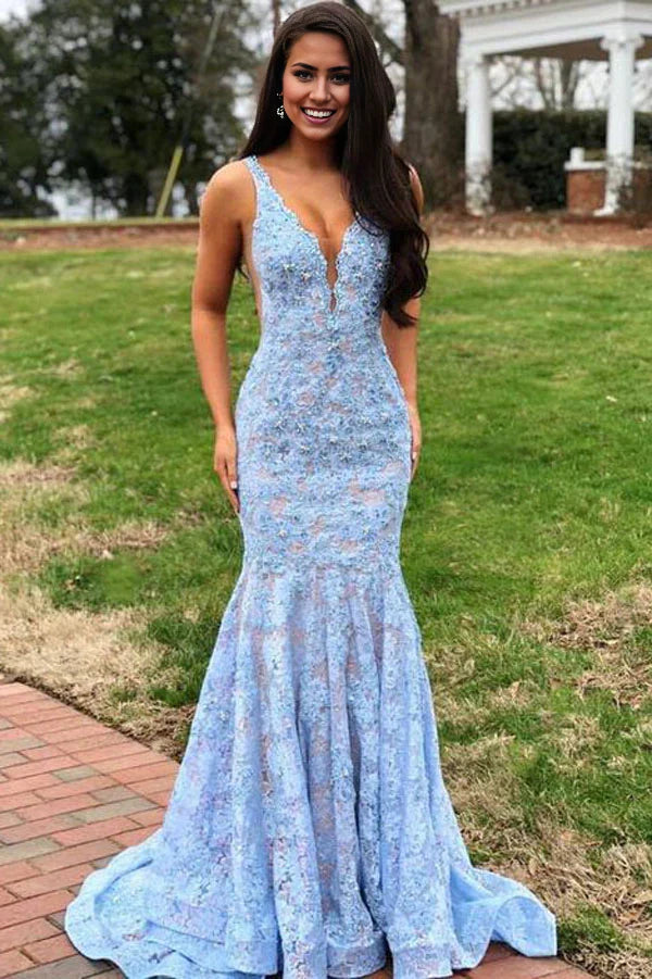 Vestidos de fiesta elegantes de sirena con escote en V y espalda abierta con encaje